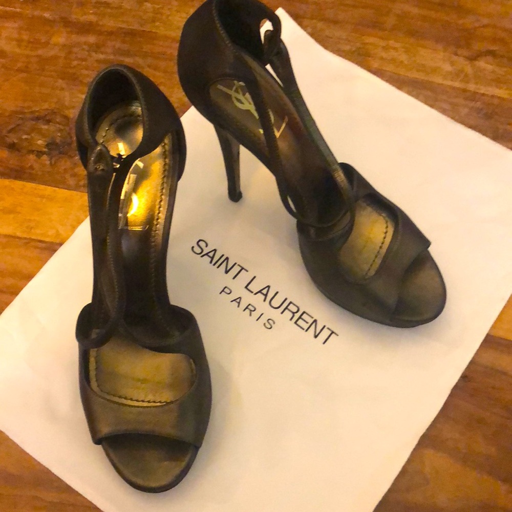 YSL stiletto Bronze open toe cross strap platform heel. Sexy metallic black gold